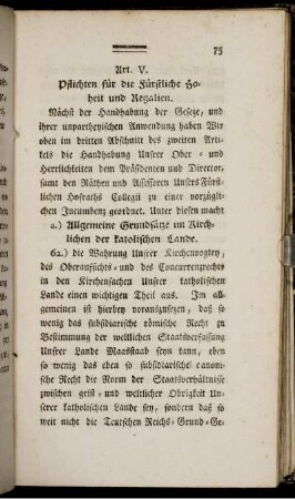 Art. V. Pflichten für die Fürstliche Hoheit und Regalien.