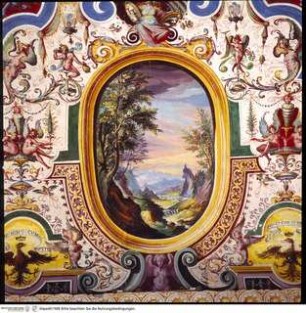 Stanza del Parnaso: Groteskendekoration, Parnaß, Stadtansichten und Landschaften, Flußlandschaft