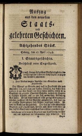 Achtzehendes Stück. Coburg, den 27. April 1748.