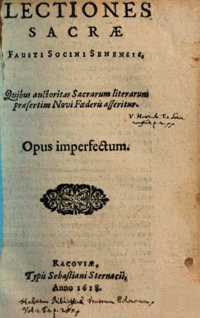 Lectiones sacrae, quibus auctoritas sacrarum litterarum praesertim novi foederis asseritur : Opus imperfectum