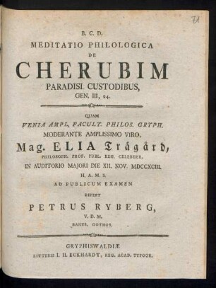 Meditatio Philologica De Cherubim Paradisi Custodibus, Gen. III, 24