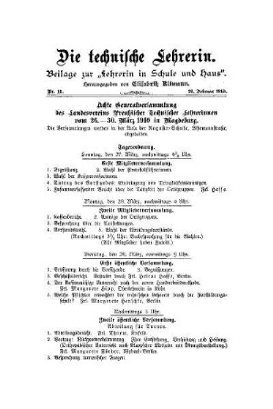 Achte Generalversammlung des Landesvereins Preußischer Technischer Lehrerinnen vom 26.-30. März 1910 in Magdeburg