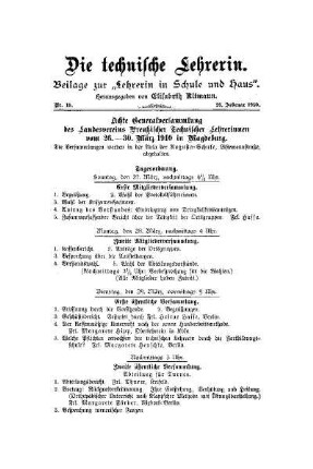 Achte Generalversammlung des Landesvereins Preußischer Technischer Lehrerinnen vom 26.-30. März 1910 in Magdeburg