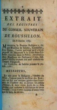 Extrait Des Registres Du Conseil Souverain De Roussillon : Du 8 Janvier 1763.