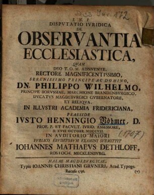 Dispvtatio Ivridica De Observantia Ecclesiastica