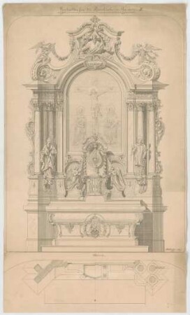Müller, Josef Anton; Hausen; Pfarrkirche - Hochaltar (Grundriss m. Schnitt, Ansicht)