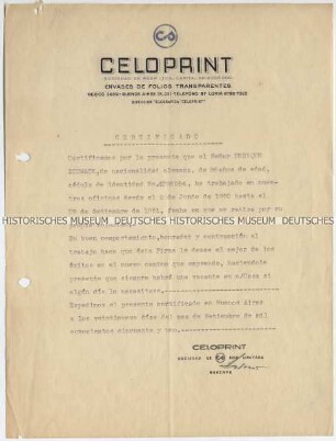 Arbeitsbescheinigung der argentinischen Firma Celoprint für einen deutschen Auswanderer (spanisch)
