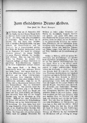 Zum Gedächtnis Bruno Eelbos. Von Prof. Dr. Karl Berger.
