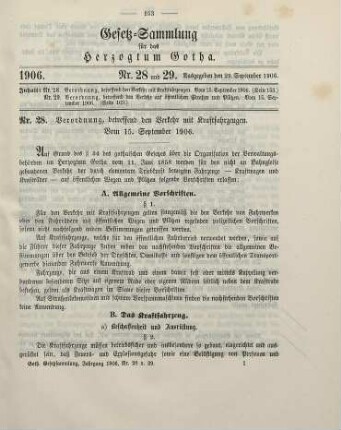 28. Verordnung, betreffend den Verkehr mit Kraftfahrzeugen. Vom 15. September 1906