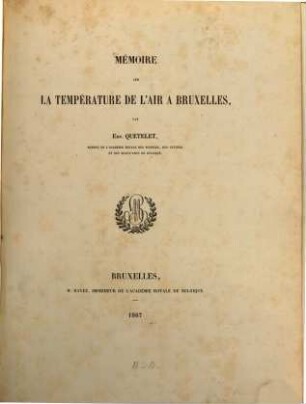 Mémoire sur la température de l'air à Bruxelles