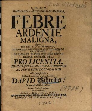 Disputatio Inauguralis Medica, De Febre Ardente Maligna