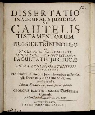Dissertatio Inauguralis Iuridica De Cautelis Testamentorum