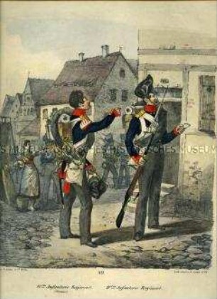 Uniformdarstellung, Hornist des 10. Infanterie-Regiments, Infanterist des 11. Infanterie-Regiments, Preußen 1830. Aus: Elzholz u.a.: Das Preussische Heer. Tafel 49.
