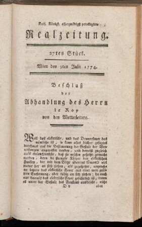 27tes Stück. Wien den 9ten Julii 1774.
