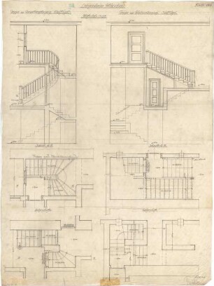 Fischer, Theodor; München - Westend, Bergmannstr.; Ledigenheim - Treppe zur Verwalterwohnung Nordflügel (Grundriss, Grundriss EG, Schnitt); Treppe zur Wirtschaftswohnung Südflügel (Grundriss,Grundriss EG, Schnitt)