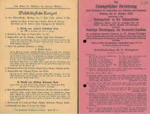 Programmzettel für ein Wohltätigkeitskonzert für die Innere Mission am 5.7.20 in der Kilianskirche und Programm für den Evangelischen Bezirkstag mit Gesangsfeier in der Kilianskirche 10.10.1920