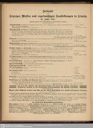 Zeittafel der Leipziger Messen und regelmäßigen Ausstellungen in Leipzig im Jahre 1917