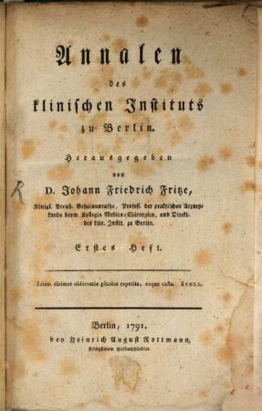 Annalen des Klinischen Instituts zu Berlin, 1. 1791