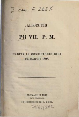 Allocutio Pii VII. P. M. habita in Consistorio diei 16. Martii 1808