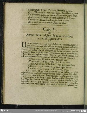 Cap. V. De Romae urbis origine & administratione usque ad Imperatores