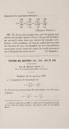 Solution des questions 517, 518, 519 et 520.