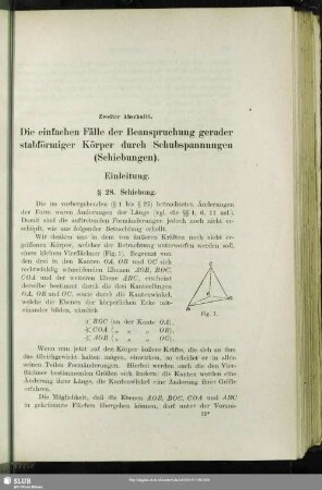 Zweiter Abschnitt. Die einfachen Fälle der Beanspruchung gerader stabförmiger Körper durch Schubspannungen (Schiebungen)
