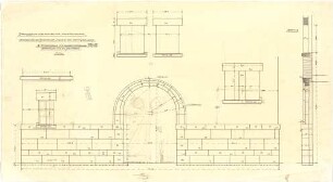 Billing, Hermann; Karlsruhe, Nördl. Hildapromenade 3/ Maximiliansstraße; Villa von Schwedler (Villa Billing) - Stallgebäude, Steinhauerarbeit Hoffassade, links(Teilansicht; Schnitt; Detail)