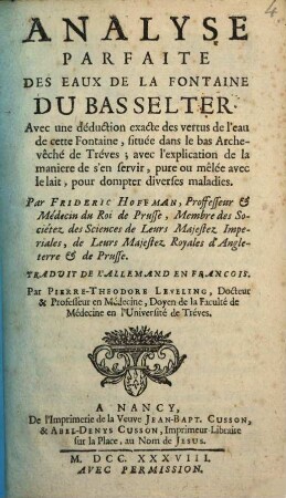 Analyse parfaite des eaux de la fontaine du Bas Setter