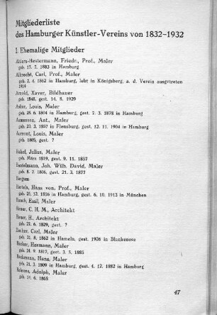 Mitgliederliste des Hamburger Künstler-Vereins von 1832-1932