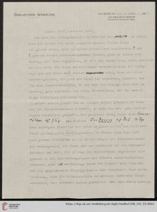 Brief von Fritz Saxl von Bibliothek Warburg (Hamburg) an Franz Boll