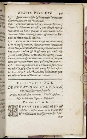 Disputatio XXII. De Vocatione Et Ordinatione ministrorum Ecclesiæ.