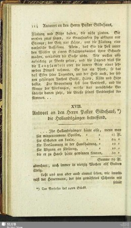 XVII. Anwort an den Herrn Pastor Gildehaus, die Hollandsgänger betreffend