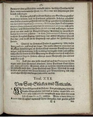 Titul. XXI. Von Satz-Stücken und Articuln