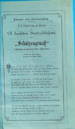 Fest-Vorstellung zu Ehren des VII. deutschen Bundesschießens : "Schützengruaß" (Prolog in oberbayerischer Mundart)