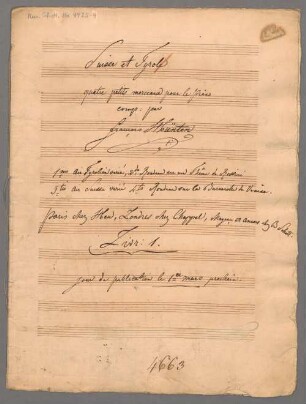 Suisse et Tyrol, Livre 1, pf, op. 89/1, op. 89/2 - BSB Mus.Schott.Ha 4425-4 : [title, p. 1] Suisse et Tyrole // quatre petits morceaux pour le piano // comp: par // François Hünten // 1=|m|o Air Tyrolien vairé, 2=|d|o Rondeau sur un Thême de Rossini // 3=|t|i|o Air Suisse varié 4=|t|o Rondeau sur la Barcarolle de Venise. // Paris chez Heu, Londres chez Chappell, Mayençe et Anvers chez B Schott. // Livr: 1. // jour de publication le 1=|e|r mars prochain.