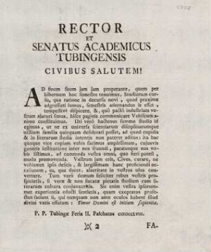 3, Pro-Rector et Senatus Academicus Tubingensis Civibus Salutem!