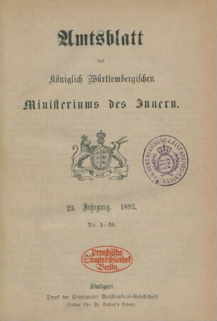 23.1893: Amtsblatt des Württembergischen Ministeriums des Innern