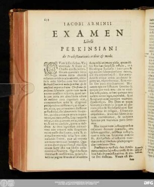 Iacobi Arminii Examen Libelli Perkinsiani de Praedestinationis ordine & modo.