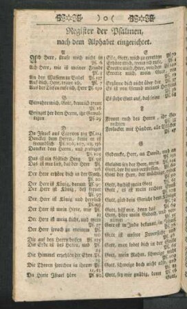 Register der Psalmen, nach dem Alphabet eingerichtet.