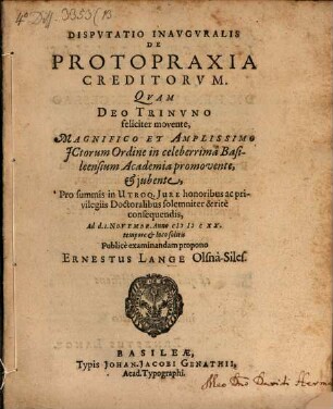 Disputatio inauguralis de protopraxia creditorum