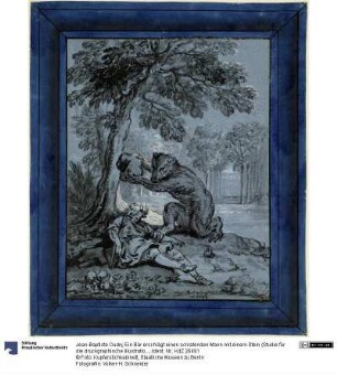Ein Bär erschlägt einen schlafenden Mann mit einem Stein (Studie für die druckgraphische Illustration von "L'Ours et l'amateur des jardins" (Der Bär und der Gartenliebhaber) von La Fontaines "Fables choisies")