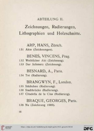 Abteilung II. Zeichnungen, Radierungen, Lithographien und Holzschnitte (Nr. 131- 215)