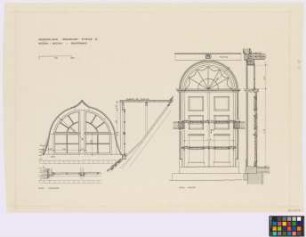 Niedervellmar (Landkreis Kassel[-Stadt oder Land]): Bauernhaus Ihringshäuser Straße 23. - Dachgaube (Ansicht, Teil-Horizontalschnitt, Vertikalschnitt). - Haustür (Ansicht, Vertikalschnitt)