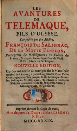 Les avantures de Télémaque, fils d'Ulysse