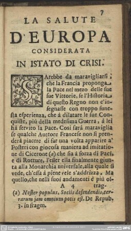 La Salute D'Europa Considerata In Istato Di Crisi