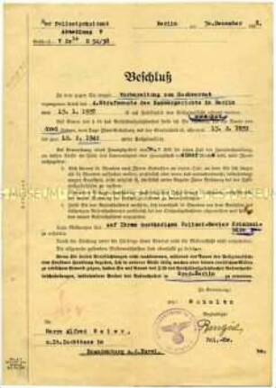 Gerichtsbeschluss über die Verhängung einer Polizeiaufsicht für drei Jahre nach der Verbüßung einer Haftstrafe