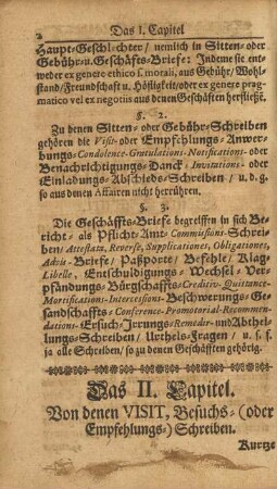 Das II. Capitel. Von denen Visit, Besuchs- (oder Empfehlungs-) Schreiben.
