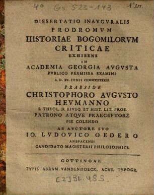 Dissertatio Inavgvralis Prodromvm Historiae Bogomilorvm Criticae