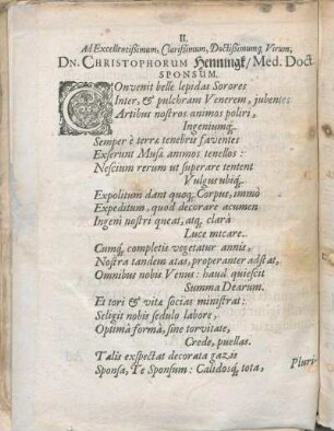 II. Ad Excellentißimum, Clarißimum Doctißimum[que] Virum, Dn. Christophorum Henningk/ Med. Doct Sponsum.