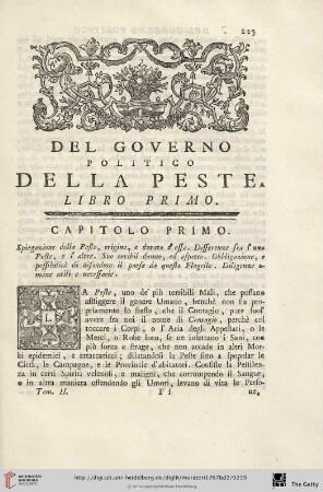 Libro primo: Del Governo politico della peste